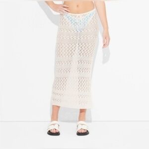 Open Work Knit Crochet Sweater Midi Skirt Beach Cover Up Wild Fable White Small